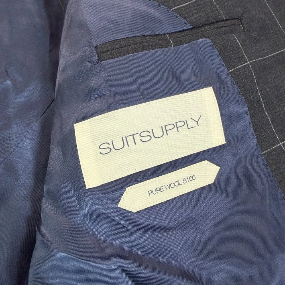 Suitsupply Mens 36R Slim Napoli Charcoal Gray Windowpane Wool Blazer Sport Coat